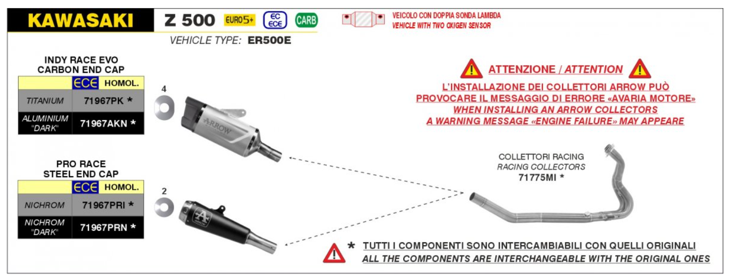 Escape Slip-On ARROW PRO-Race Homologado KAWASAKI Z500-NINJA 500 (2024-2025) en Nicromo