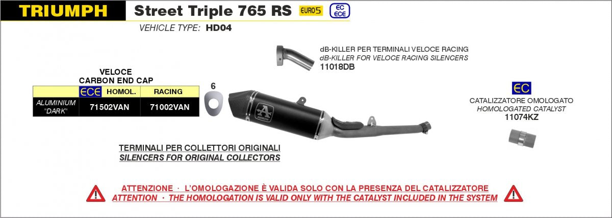 Escape ARROW Veloce homologado en aluminio negro para TRIUMPH STREET TRIPLE 765 / R / RS 20-22 - vista 2