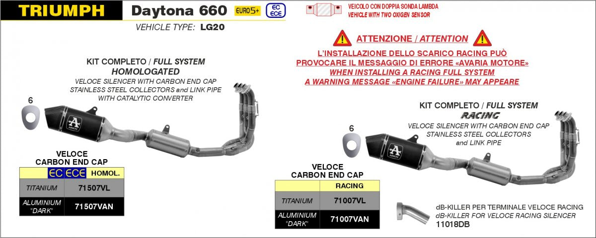Escape completo ARROW Veloce homologado en titanio con colectores en acero inoxidable para TRIUMPH DAYTONA 660 24-26 - vista 4