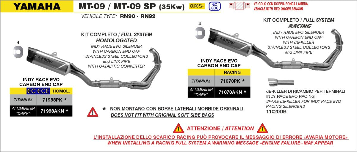 Escape completo ARROW Indy Race homologado en titanio con colectores en acero inoxidable para YAMAHA MT-09 48CV 24-26 - vista 3