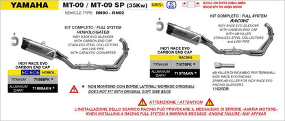 Escape completo ARROW Indy Race homologado en titanio con colectores en acero inoxidable para YAMAHA MT-09 48CV 24-26 - vista 3