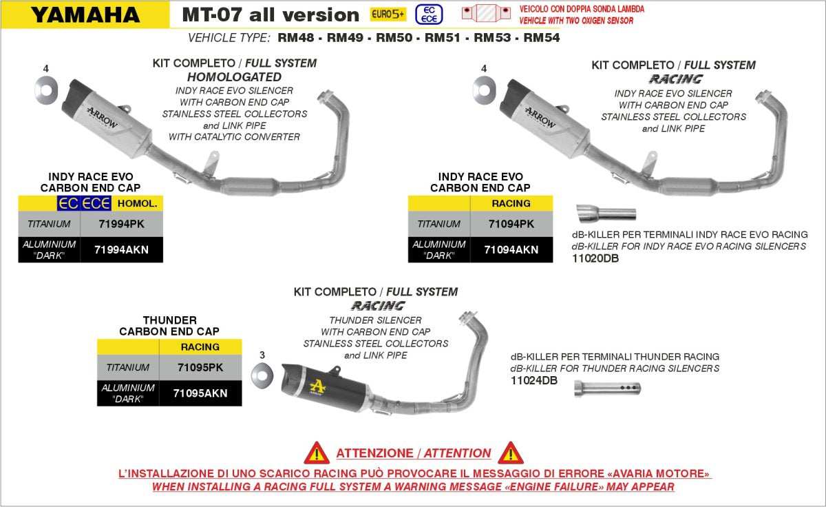 Escape completo ARROW Indy Race no homologado en titanio con colectores en acero inoxidable para YAMAHA MT 07 25-26 - vista 4