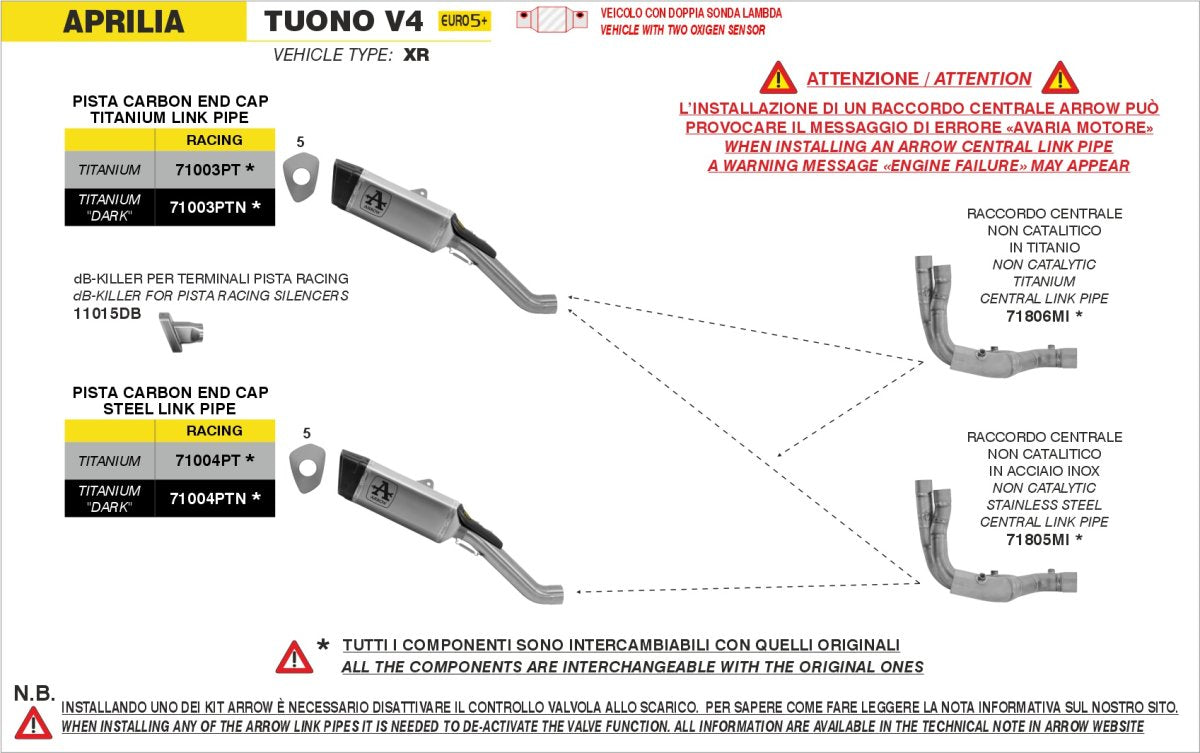 Conector central ARROW no homologados en acero inox. para APRILIA TUONO 1100 V4 / FACTORY / RR 25-26 | RSV4 1000 25-26 - vista 4