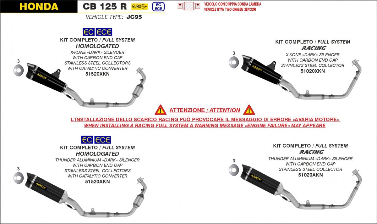 Escape completo ARROW Thunder homologado en aluminio negro con colectores en acero inoxidable para HONDA CB 125 R NEO SPORTS CAFÉ 24-25