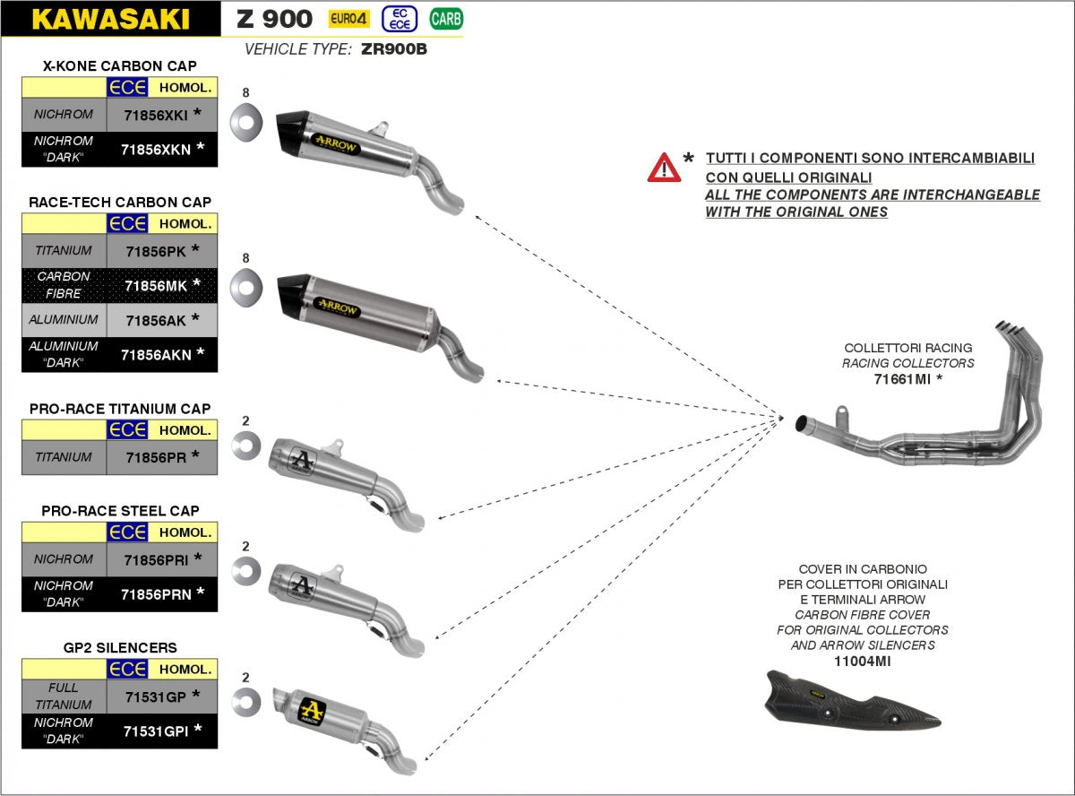 Colectores Arrow no homologados en acero inox. para Kawasaki Z900 17-19